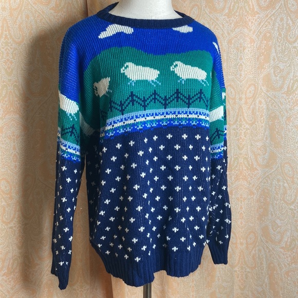 Vintage knit sweater sheep clouds pattern size large - Picture 6 of 11